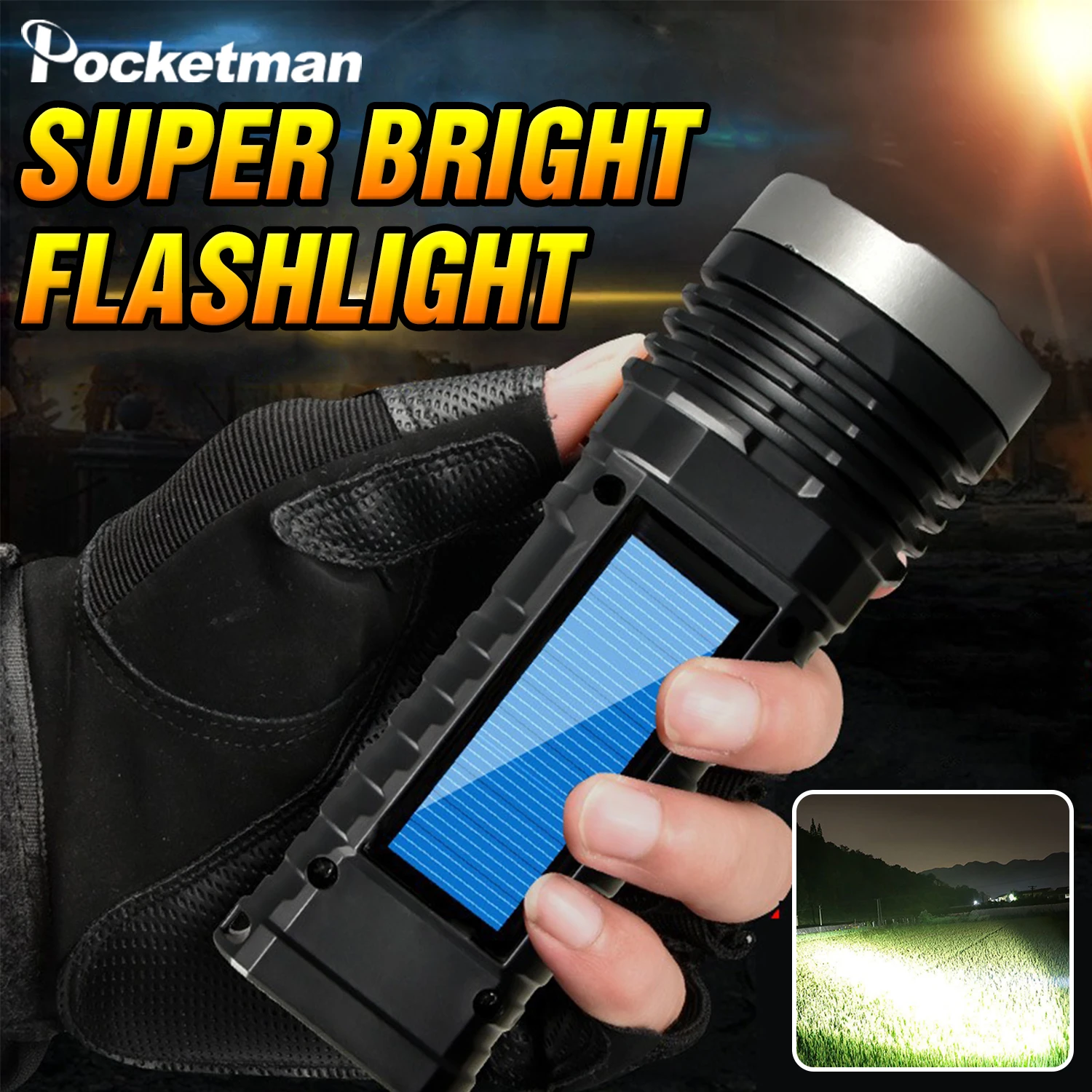 Solar/USB Rechargeable Flashlight Super Bright 4 Modes Portable Emergency Torch Built-in Battery Powered LED Flashlights