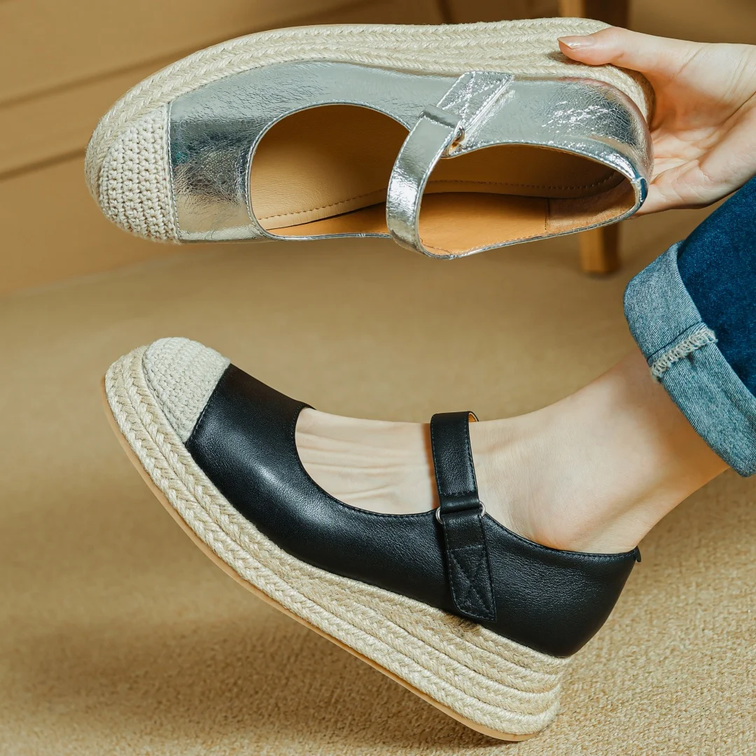 Damen-Mary-Jane-Flats aus echtem Leder, Hanf, dicke Sohle, hochwertige, weiche, bequeme, lässige, weibliche, lässige Alltagsschuhe