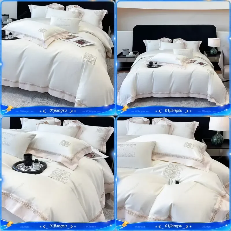 White Egyptian Cotton Bedding Set Luxury Stripe Embroidery Duvet Cover Sheet Pillowcase Solid Color Home Textile Queen King