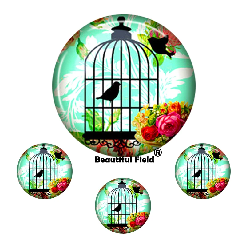 10mm 12mm 25mm 14mm 16mm 18mm 20mm 30mm Photo Pattern Round Glass Cabochons Beautiful Bird In Cage