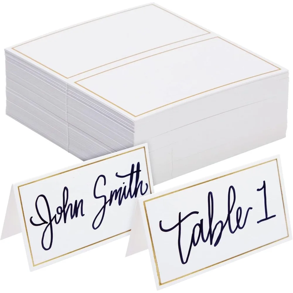 Best Paper Greetings Place Cards for Table Setting - 3.5 x 2 In Folded, Pack of 100, White & Gold - Wedding Name Cards for Recep