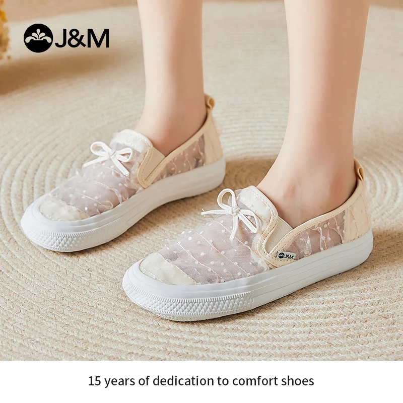 J & M – mocassins à semelle souple pour femmes, chaussures de sport, décontractées, plates, avec nœud en caoutchouc, en maille, respirantes