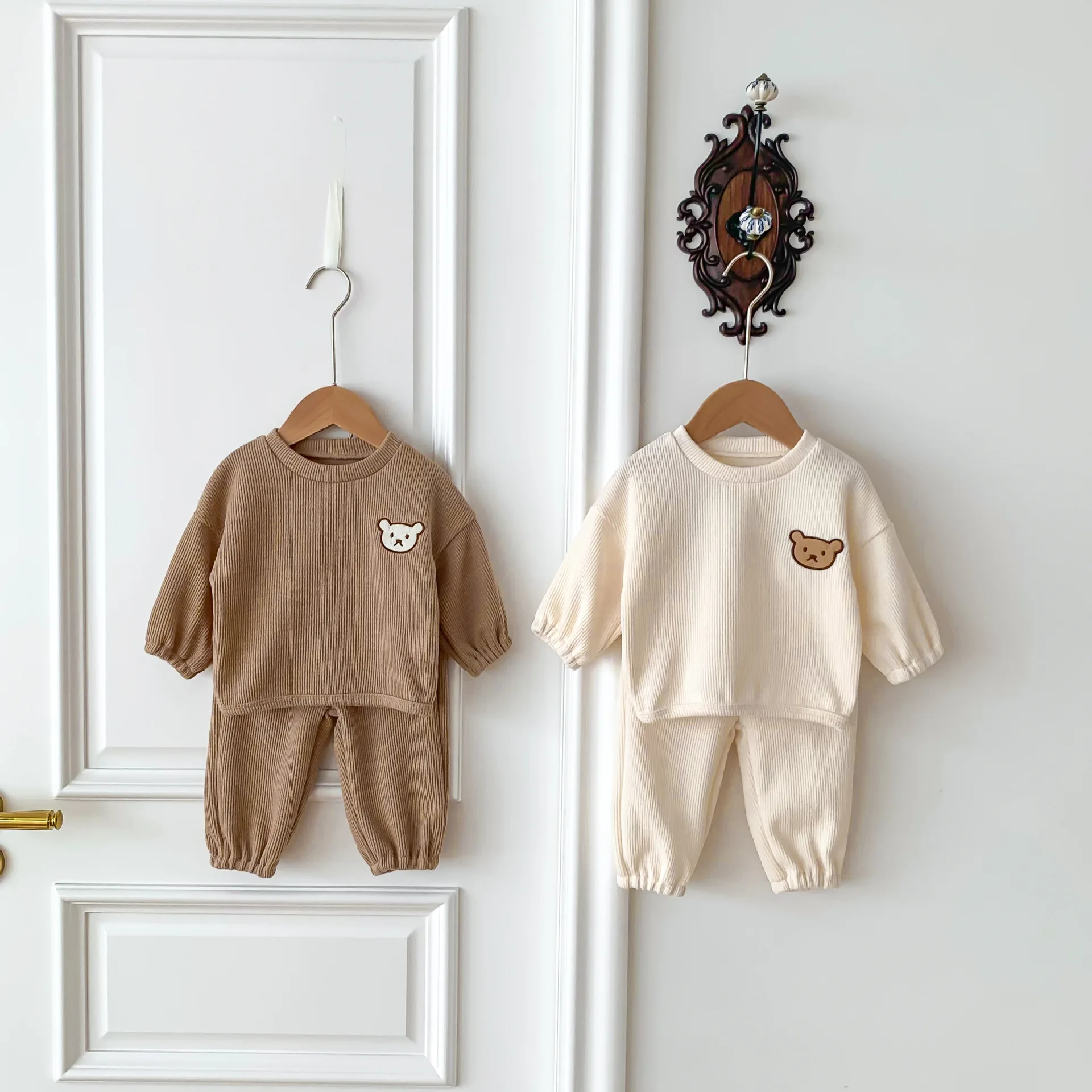 2023 Autumn New Waffle Bear Top Shirts Pants Set Infant Baby Girls Boys Full Sleeve Newborn Kids Toddler Clothing  2pcs 0-3Y