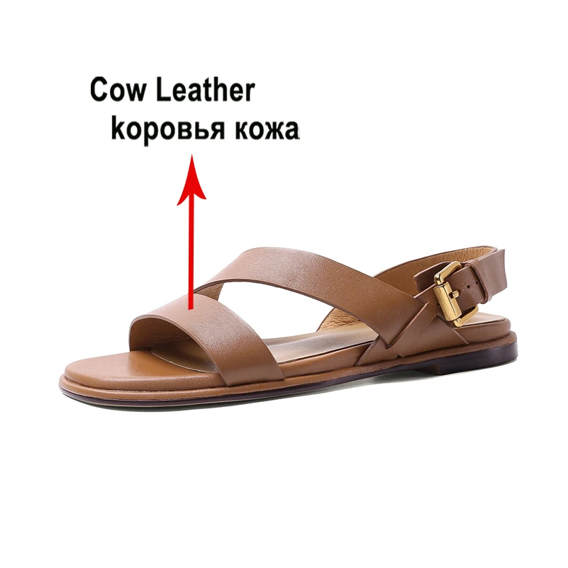 Meotina Women Genuine Leather Sandals Square Toe Flats Buckle Concise Design Ladies Fashion Casual Shoes Summer White Brown 40