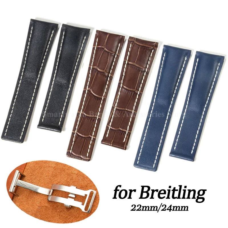Correa de reloj de cuero suave genuino de 22mm y 24mm para pulsera de repuesto Breitling, pulsera de cuero de vaca marrón y negro, cierre plegable sólido