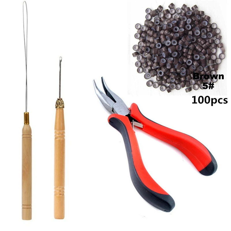 I-tip مجموعة أدوات الشعر التمديد مع كماشة سحب هوك حبة جهاز 100 قطعة 5 مللي متر مايكرو الروابط خواتم الخرز الشعر التمديد اكسسوارات