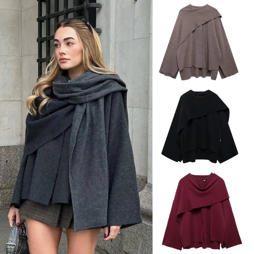 

Elegant and Refined Women's Knitted Coat Asymmetrical Scarf Style Coat Fashionable and Simple Commuting Scarf Collar Top