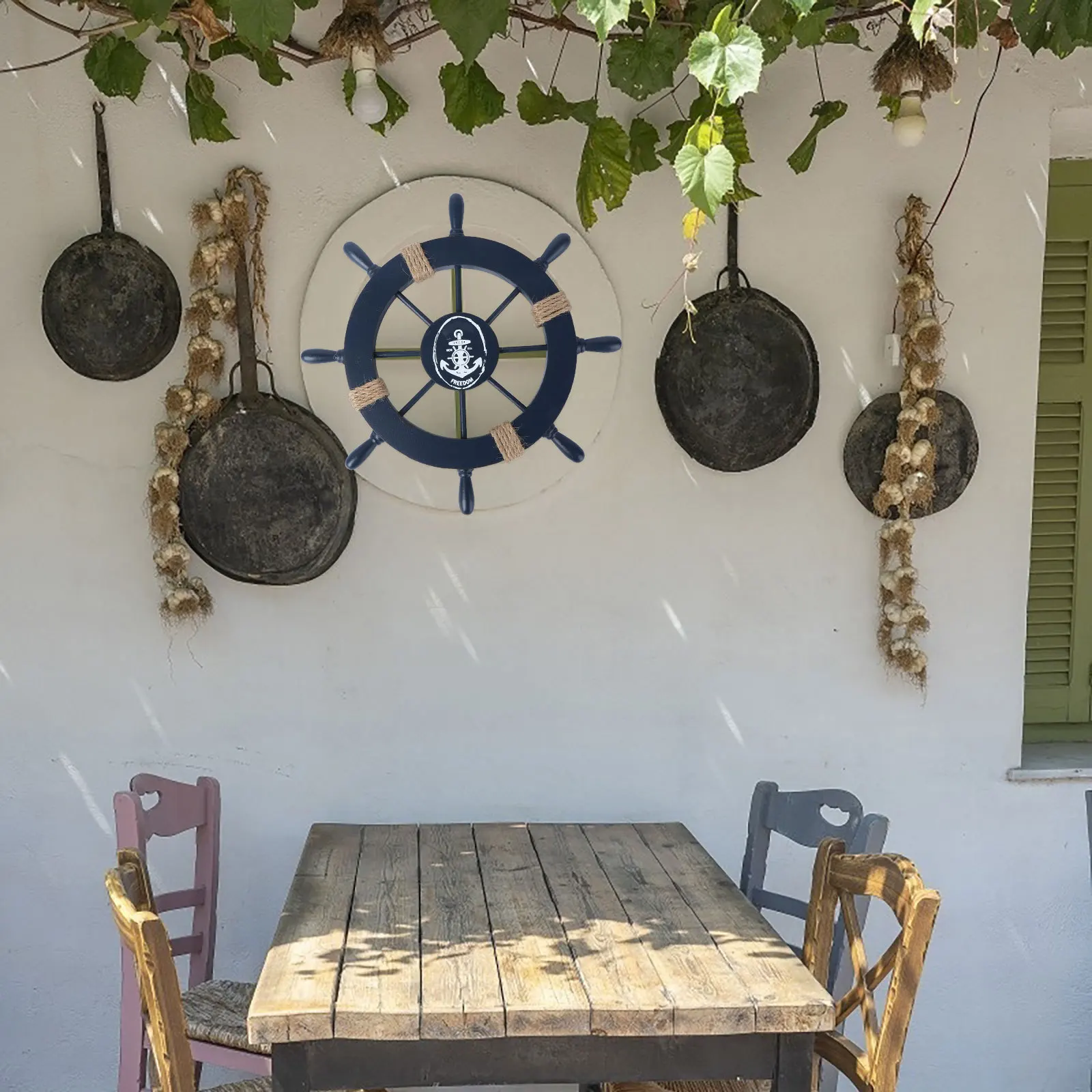 

Mediterranean Nautical Wooden Ship Wheel Eight Spokes Light Blue White Rustic Beach Wall Decoration Home Sailing Art