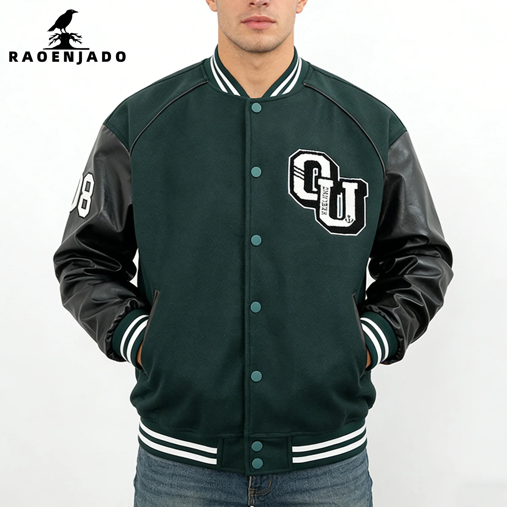 

Men's Faux Leather Stand-up Collar Baseball Jacket Cool Letter Embroidery Printed Streetwear Spring & Autumn Coat Snap Fastener