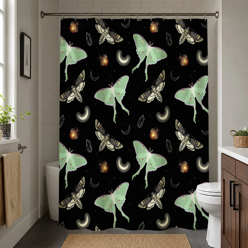 Gothic Insect Butterfly Moth Design Waterproof Shower Curtain Liner Celestial Nature Pattern Black Bathroom Decor
