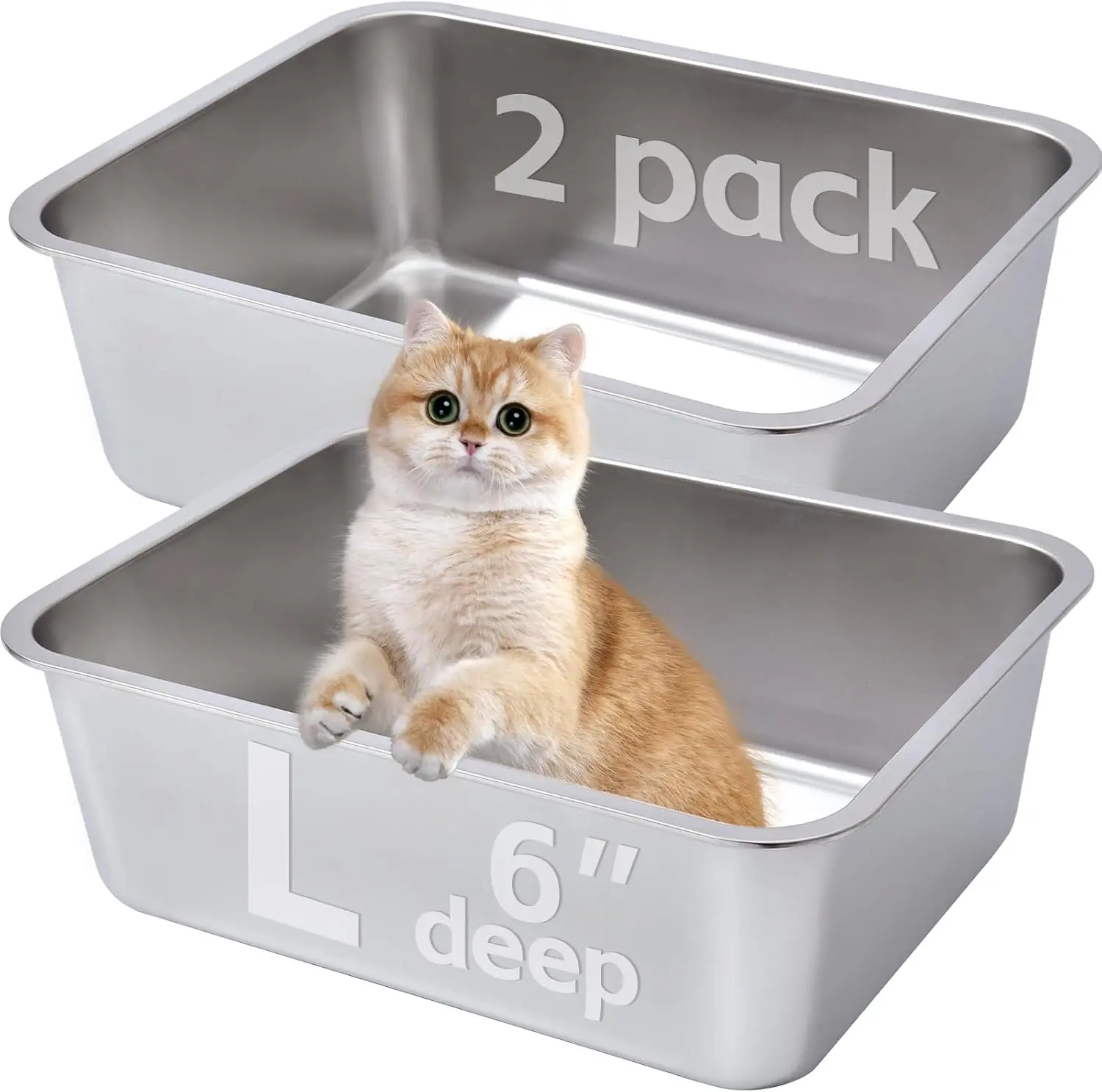 

Stainless Steel Litter Box 2 Pack，Metal Litter Box Easy to Clean,Cat Litterbox Supplies for Kitten, Kitty, Rabbit, 6" H