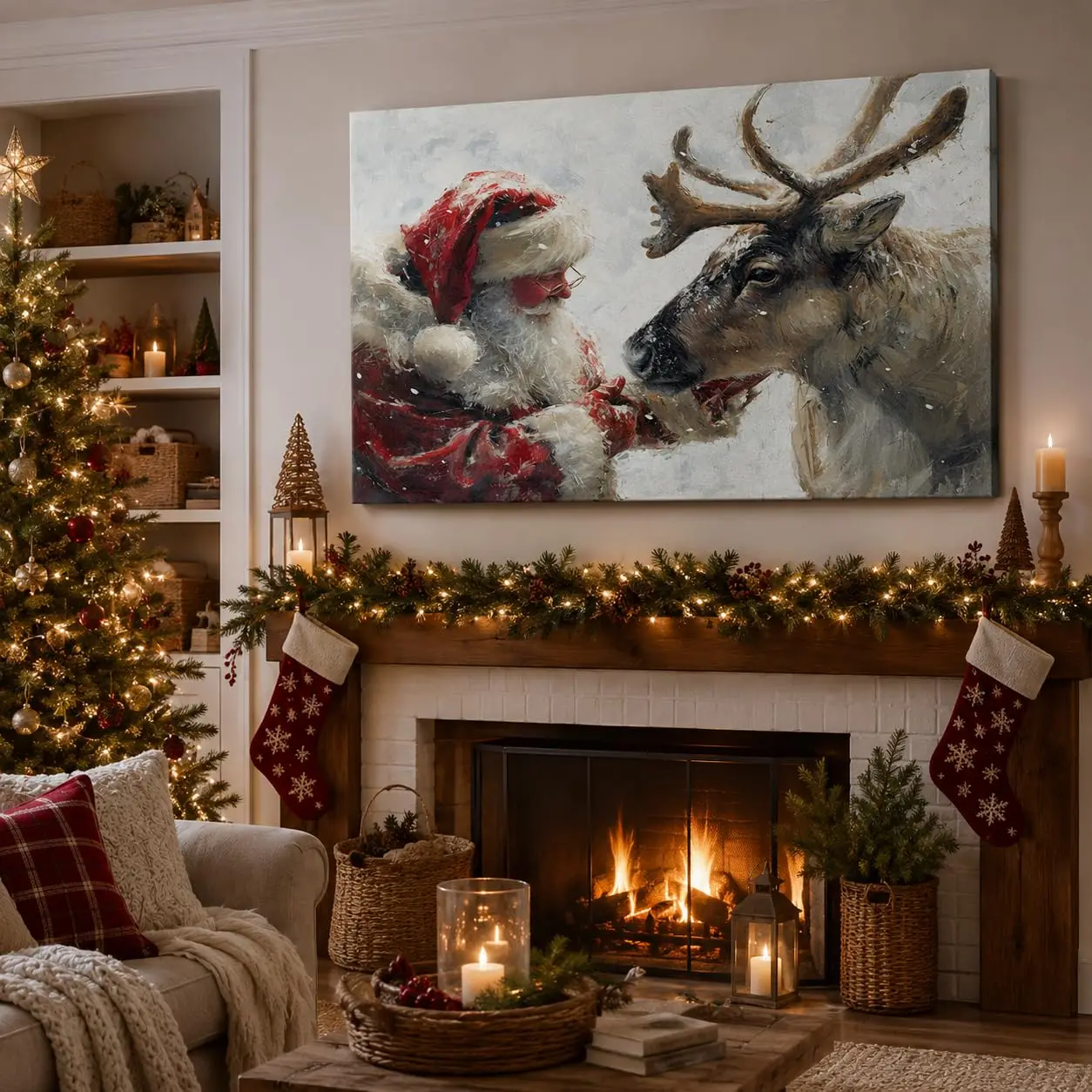 Vintage Santa and Reindeer Christmas Canvas Wall Art, Winter Holiday Painting Style Artwork, Rustic Red and White