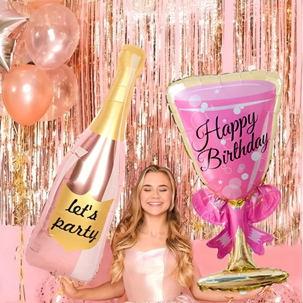 2 Pieces Happy Birthday Champagne Bottle and Pink High Heel Wine Glass Aluminum Foil Balloons for Birthday Party Decoration Ball