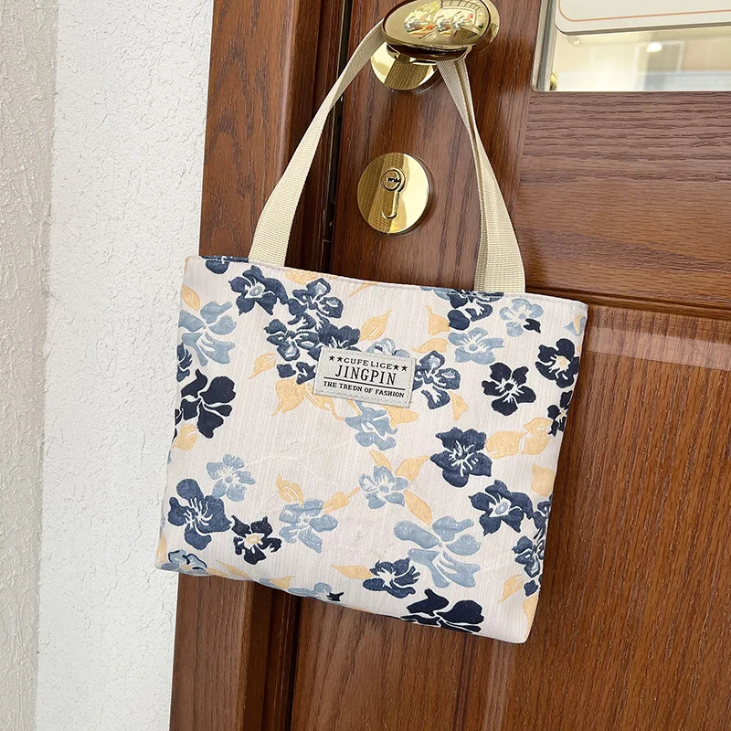 Saco de lona saco de cosméticos bolsa de ombro feminina casual bolsa estilo artístico impressão fresco pequeno saco de armazenamento de flores