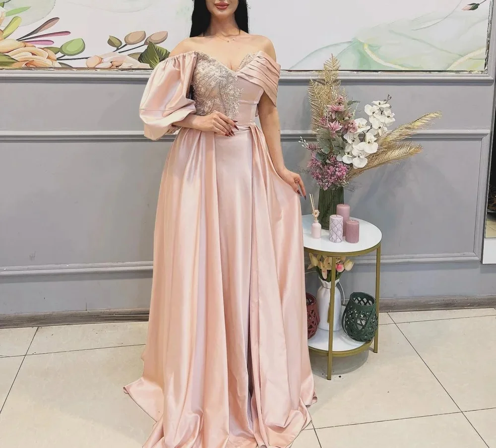 Customized Elegant Long Beads Evening Dresses for Special Occasions Satin V-Neck Arabia Dubai Women Gala Prom Party Gowns 2025