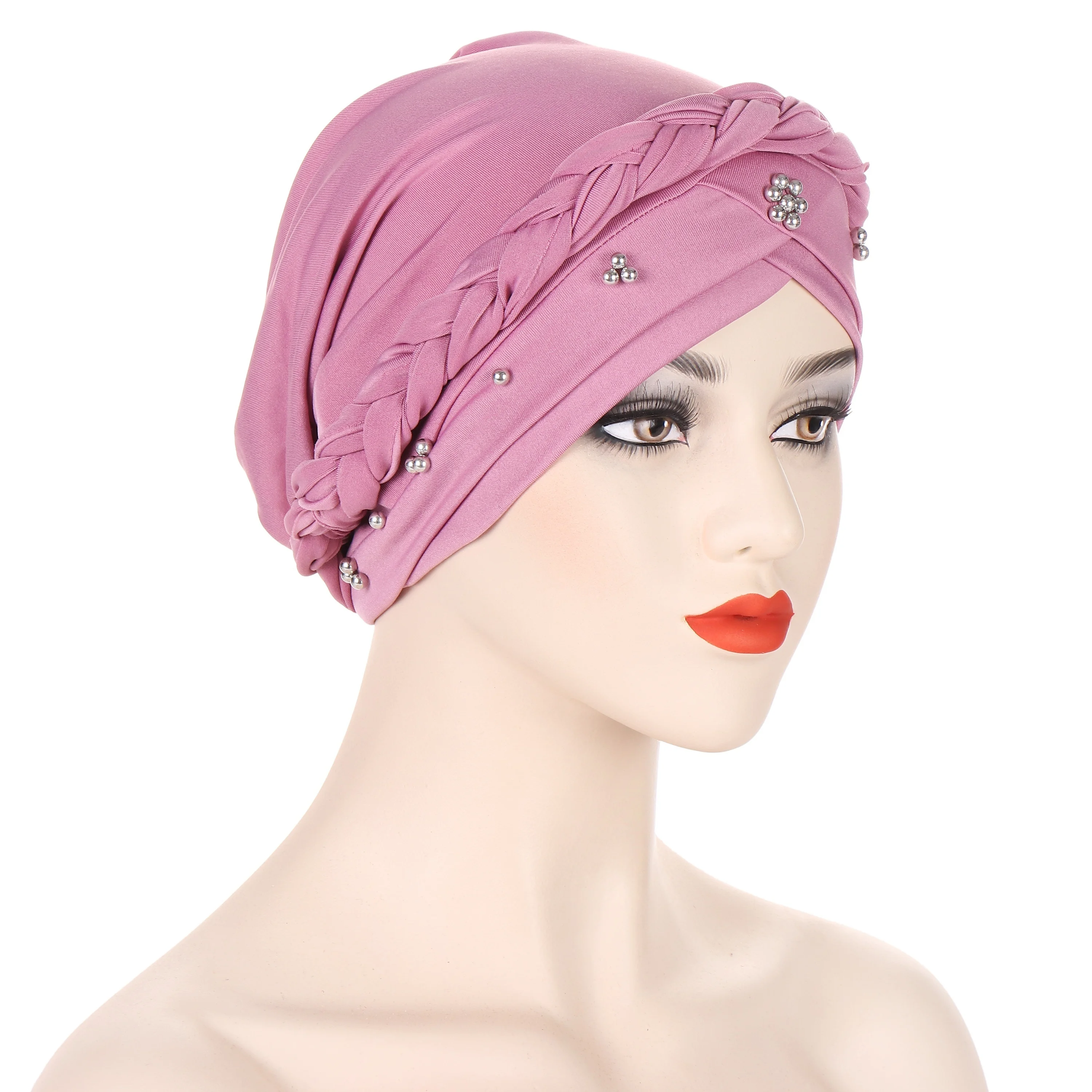 Beads Decor Braided Turban Cap Solid Color Elastic Hijab Hat Lightweight Head Wraps Women Chemo Cap Bonnet