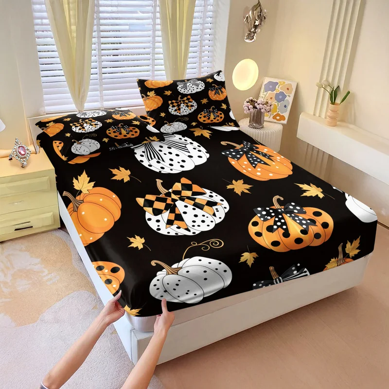 Halloween Pumpkin Bow Fitted Sheet Set 1 Fitted Sheet 2 Pillowcases Soft Microfiber Bedding Set for Bedroom All Season