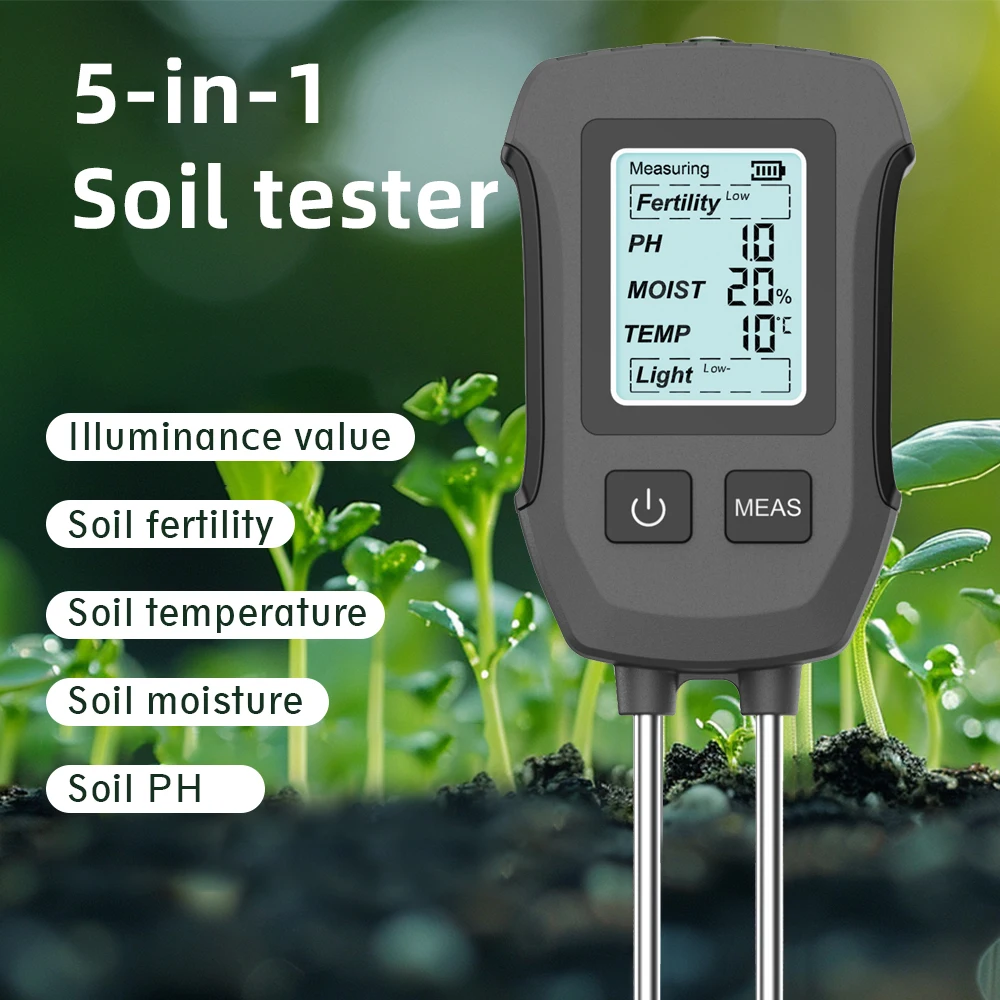 5 in 1 Digital Soil Tester Fertility/Moisture/PH/Temp/Sunlight Meter with Backlight for Plants Lawn Farm Gardening Soli Analyzer