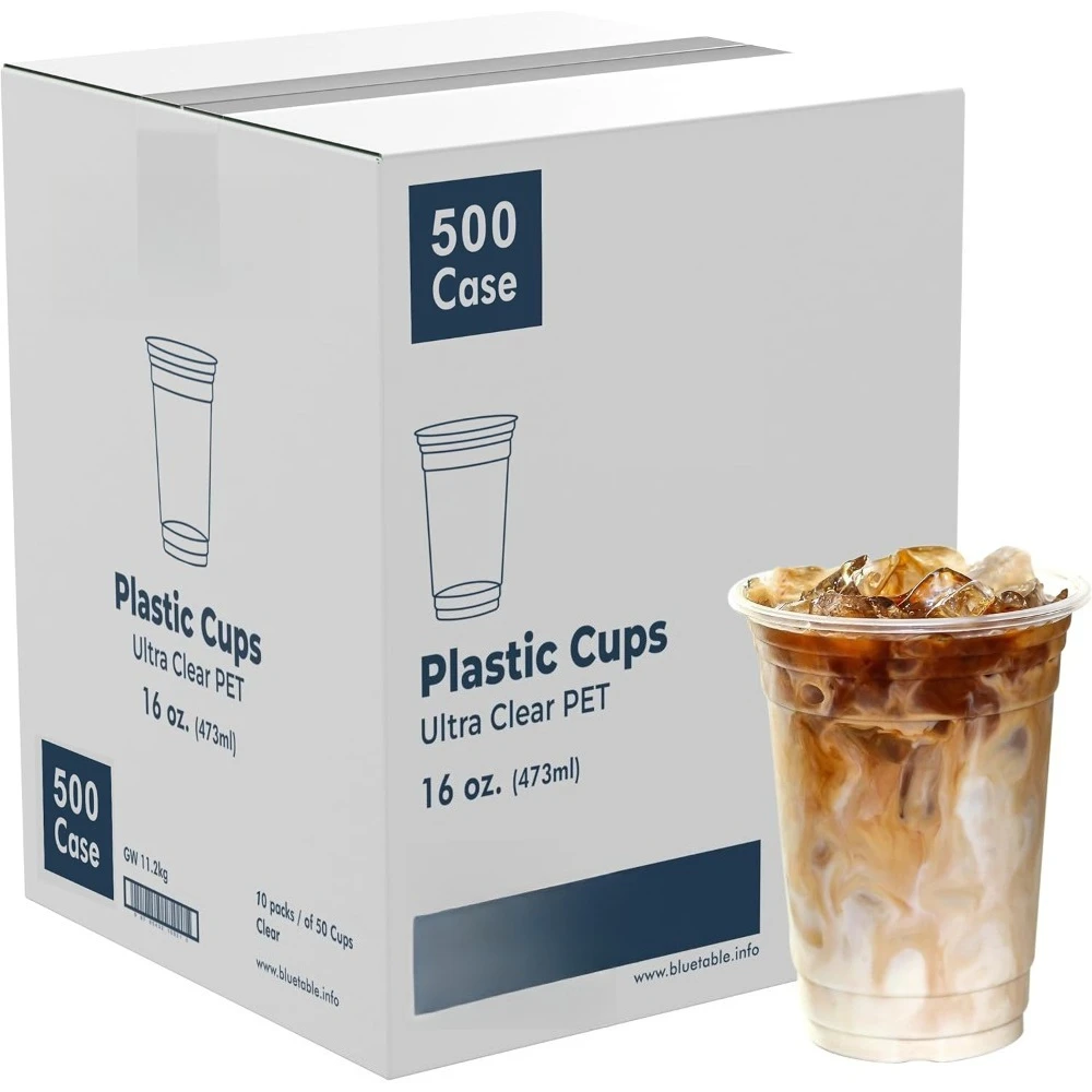 

16 oz Disposable Plastic Cold Drink Cups 500 Pack Clear PET Crystal Iced Coffee Boba Tea Cup with Lids
