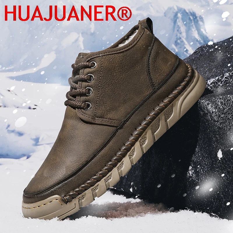 

Men Leather Boot Classic Lace Up Handmade Anti Slip Motorcycle Versatile Driving Footwear Winter Plush Warm Casual Walking Shoes