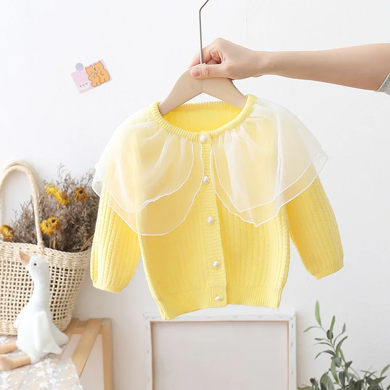 2023 Spring Autumn Girls Sweaters Lace Mesh Girls Sweater 1-6 Years Knit cardigan Children Clothing Sweet Baby Girl Coat GY06281