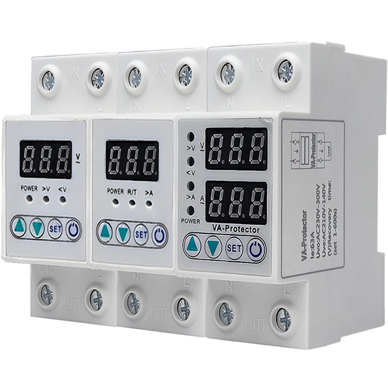 1Pcs 220V 63A 40A Digital Display Din Rail Adjustable Over Voltage Current and Under Voltage Protector Self-Recovery With Delay