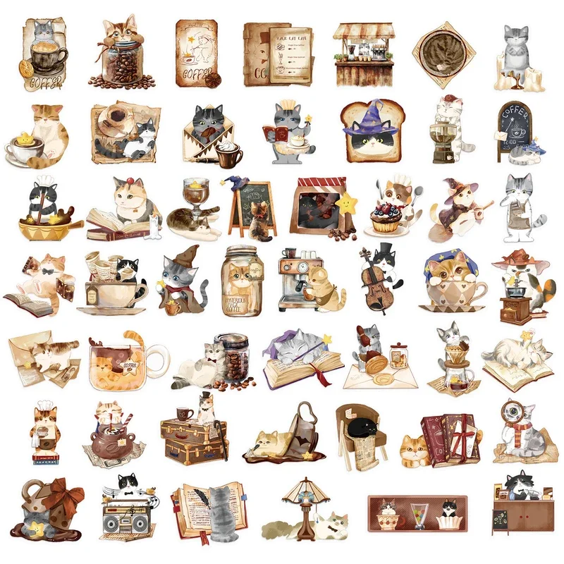 10/30/50Pcs Magical Cat Cafe Stickers Exquisite Animal Mobile Phone Cases Laptops Suitcases Transparent Waterproof Stickers