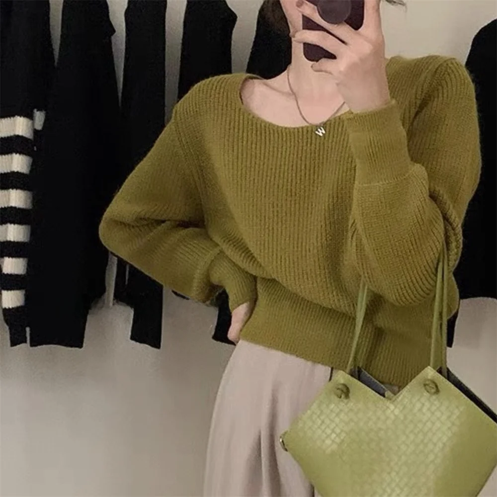 

Модный вязаный свитер, однотонный полосатый квадратный воротник, верхняя часть, прямая трубка, длинный све, обычный, тонкий