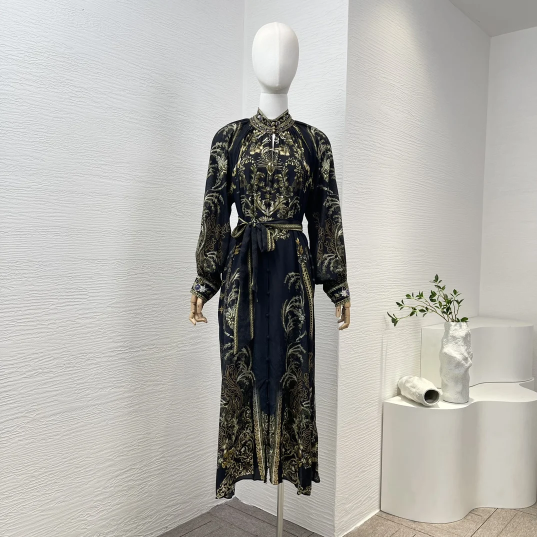 

2024 New Black Floral Printing Diamonds Pressed Silk Long Sleeve Lace-up Women Vintage Midi Dress