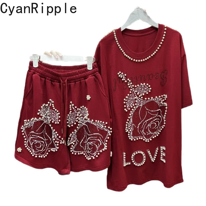 

Модный новый весенне-летний женский комплект из двух предметов Hot Diamonds Rose Свободная футболка с короткими рукавами Топ + широкие шорты с эластичной резинкой на талии