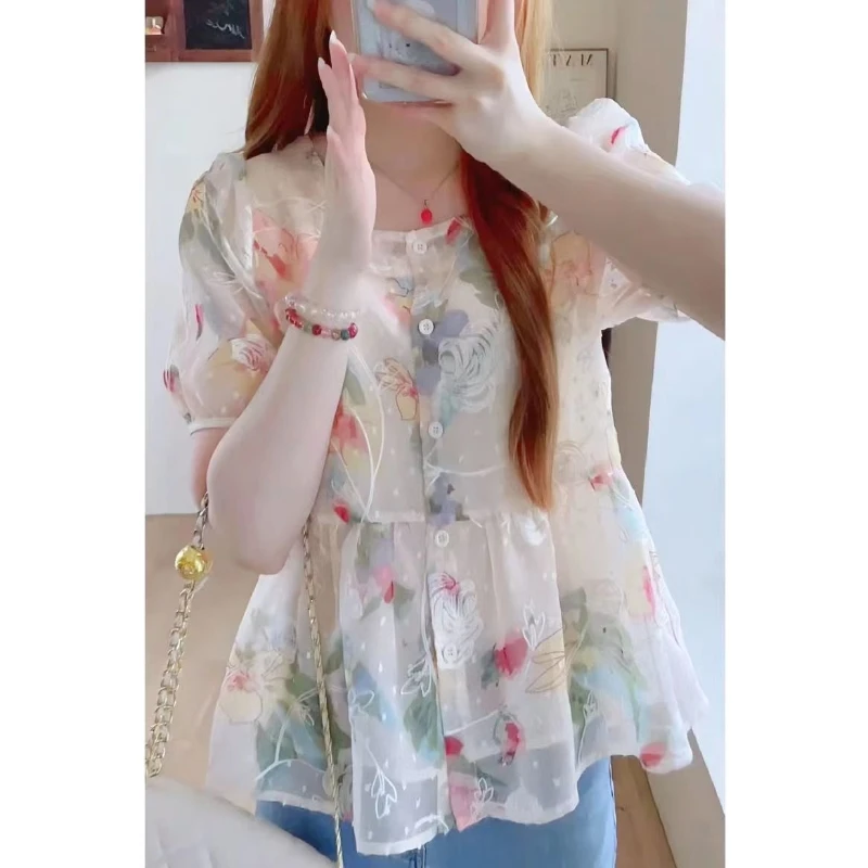 2024 New Summer Korean Fashion Elegant Bubble Sleeves Blouses Plus Size Square Collar Printed Gauze Button Women\'s Shirt Top