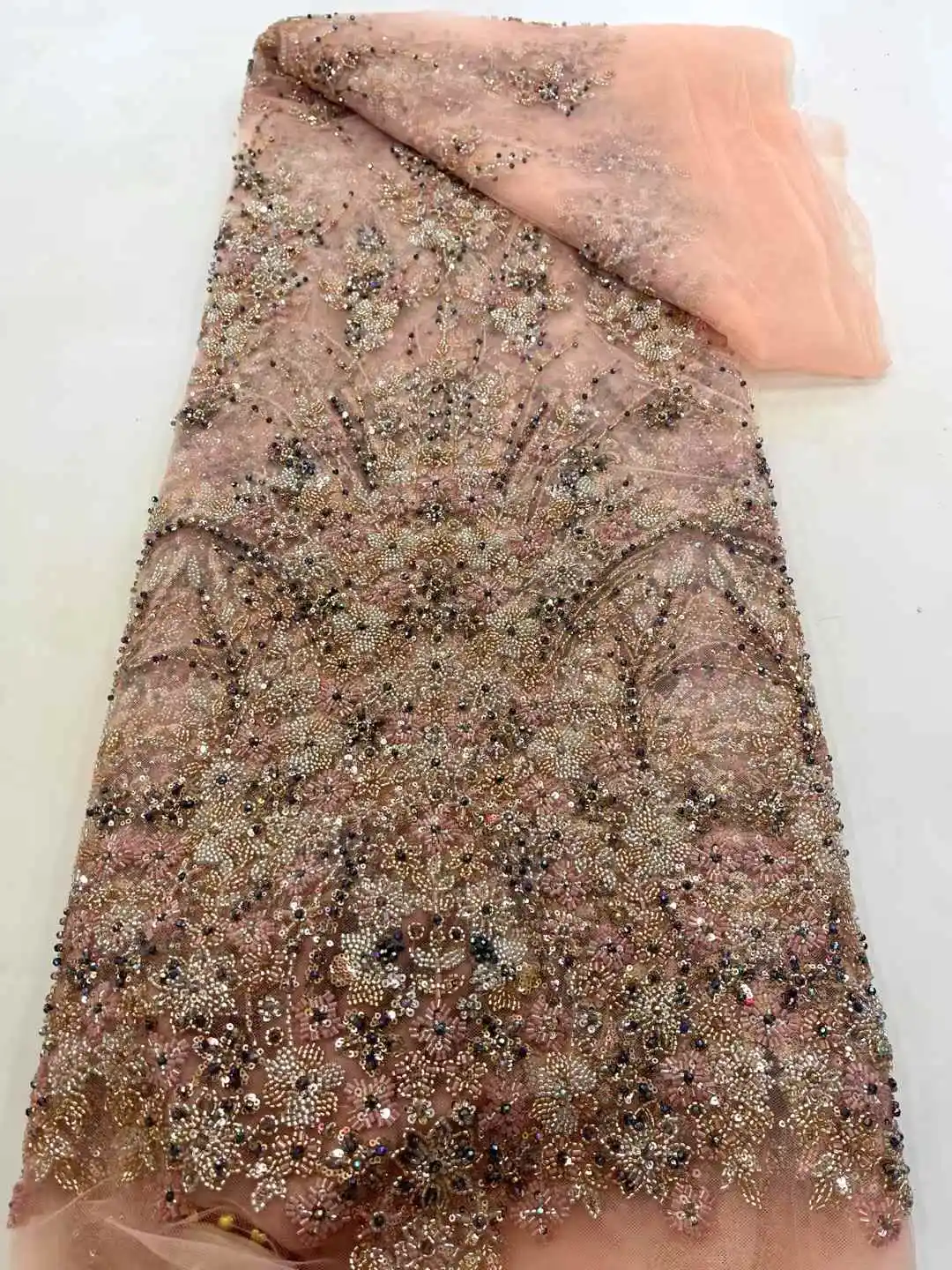 

High Quality African Nigeria Sequins Tulle Lace Fabric Embroidery Wedding Party Dress Beads Lace Sewing Material5Yards