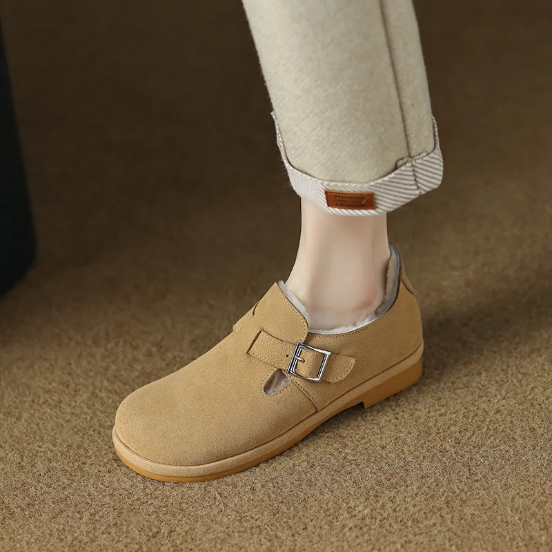 

Round Toe Nubuck Leather Snow Shoes Women Chunky Low Heels Belt Buckle Wool Warm Cotton Zapatos De Mujer Shallow Tacones Winter