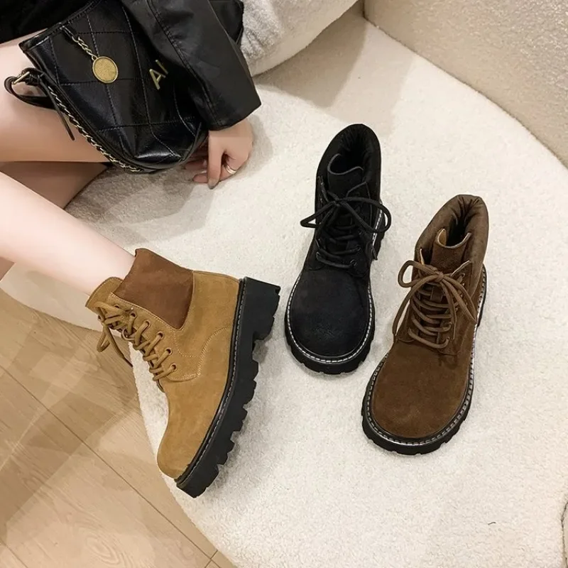 2024 Newest Autumn Winter Handmade Cow Suede Round-Toe Height Increasing Lace-Up Ankle Boot Chelsea Motorcyle Boots