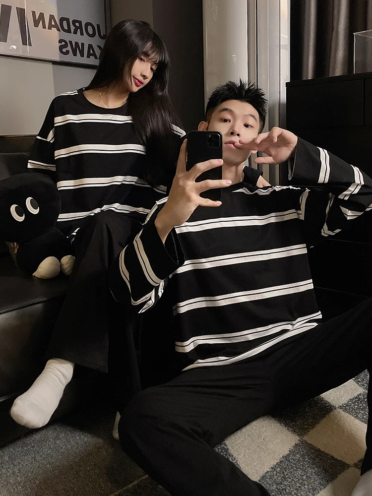 DAIMELU spring sleepwear set autumn couple pajamas women's pure cotton long-sleeved trousers simple casual striped men's lounge