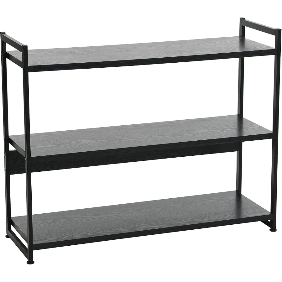 

Jamestown Широкая 3-полка Открытая книжная полка для хранения Черный дуб Зерно дерева и черный металл