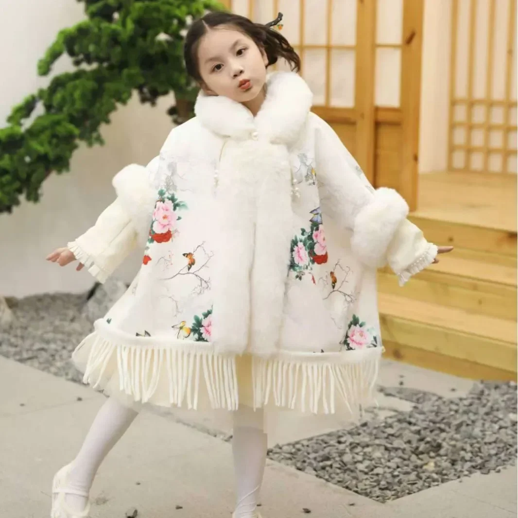 New Year Fashion Girls Coat Cape Chinese Style Winter Outerwear Thicken Children Shawl Warm Baby Wraps Cloak Jacket Kids Clothes