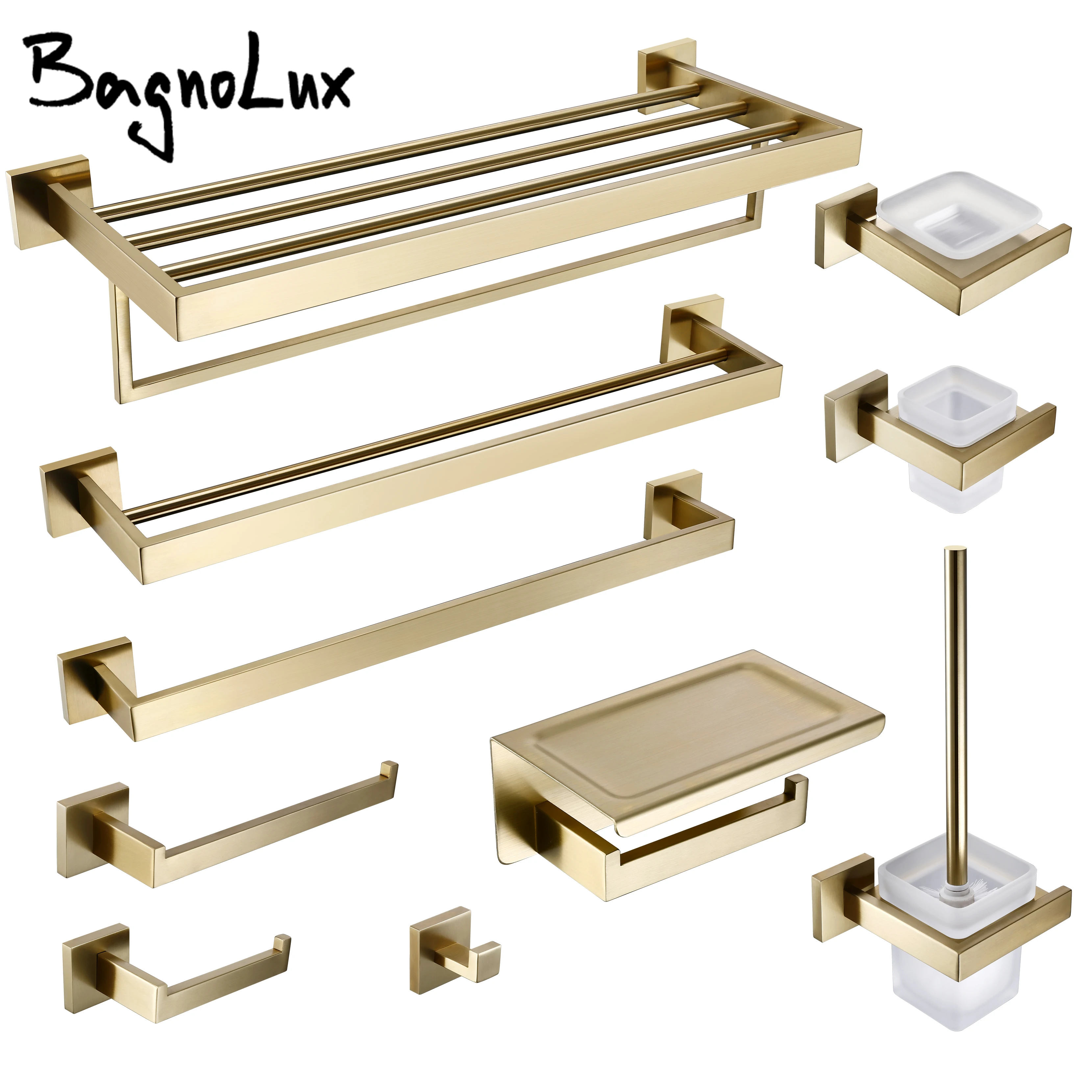 Brushed Gold Bathroom Accessories Set Toilet Brush Holder Toilet Paper Holder Towel Bar Rail Rack Hanger Hook Soap Dish Hardware