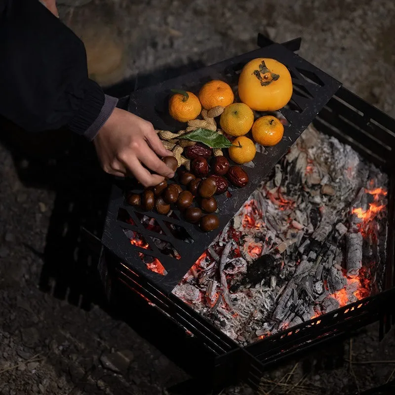 Shanqu Outdoor Camping Fire Pit Portable Detachable High Temp Carbon Steel Stove With Stainless Steel Grill For Cooking