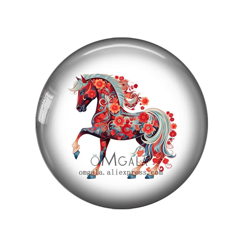 Folk Art Flowers with Horse Pattern 12mm/18mm/20mm/25mm Round Photo glass cabochon demo flat back Making findings