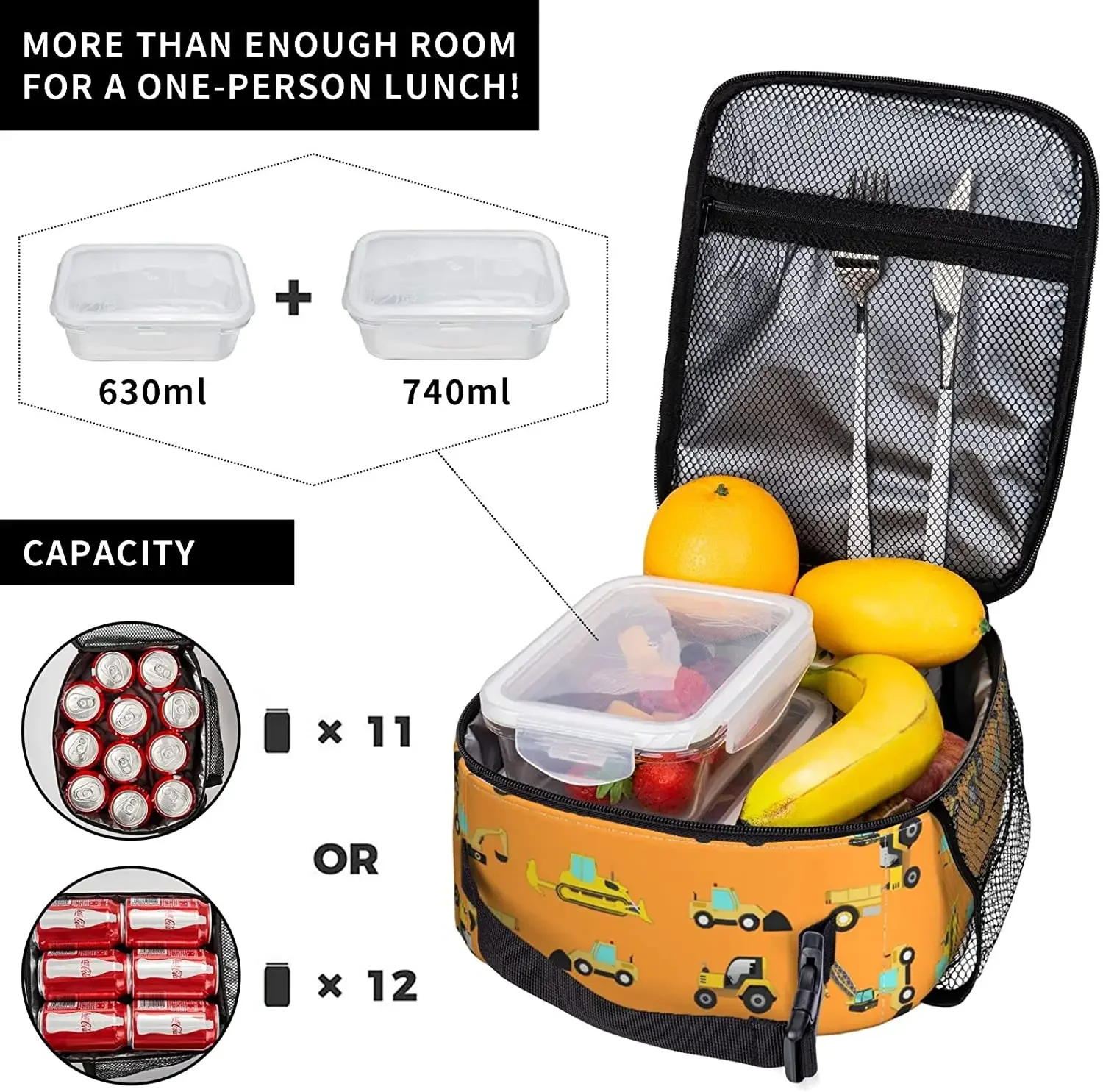 Cartoon Construction Truck Lunch Box Kids Boys Insulated Cooler Thermal Cute Lunch Bag Tote for School