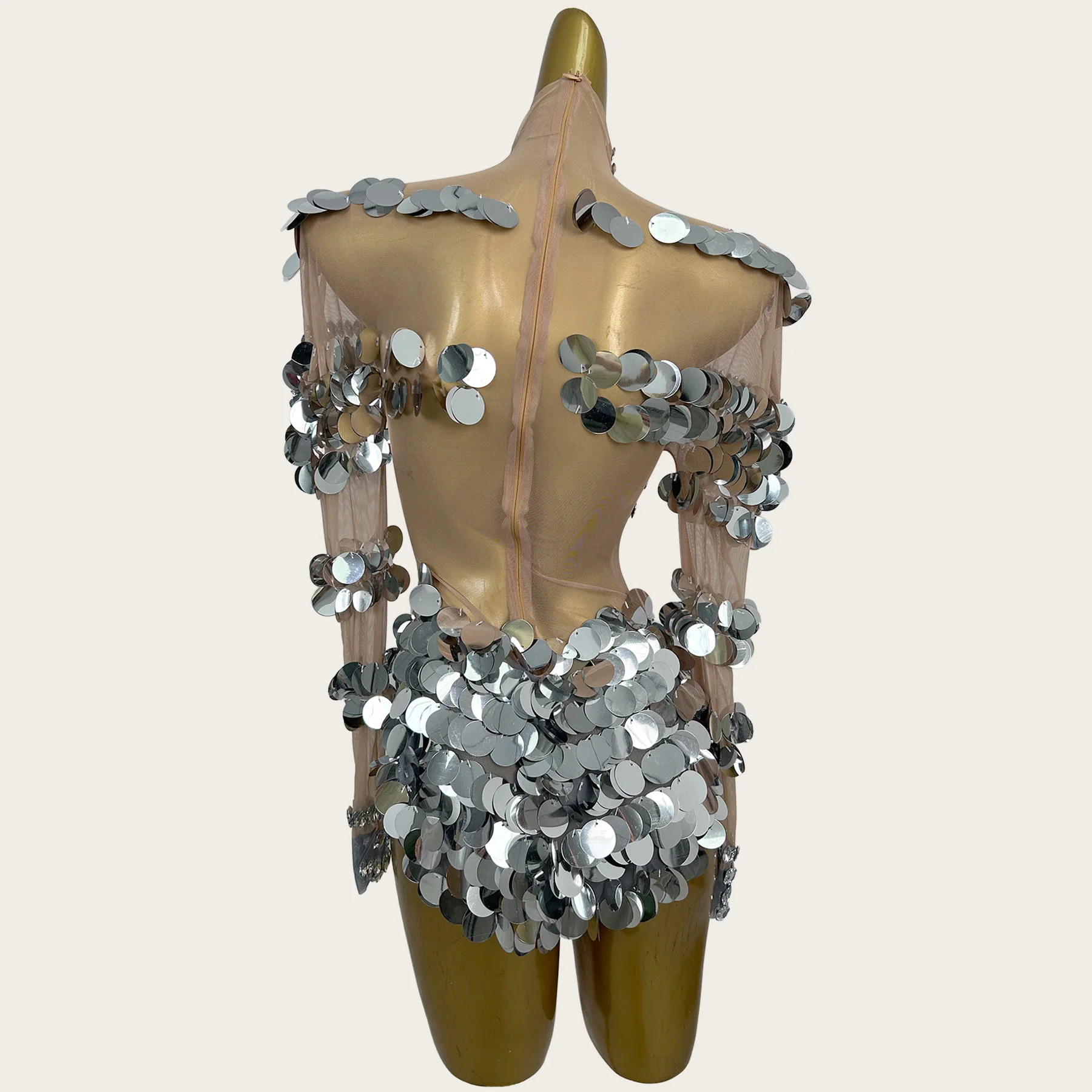 Silver Rhinestone 2 Piece Mesh Stage Outfit Long Mesh Sleeves Hanging Large Silver Circular Sequin Fringe Dance Costume Jiamian
