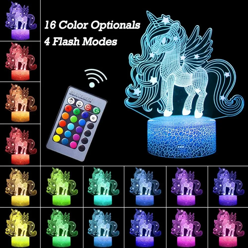 Nighdn-Lámpara de unicornio 3D acrílica para niños, luz nocturna LED para habitación de bebé, 7 colores cambiantes, regalos de cumpleaños para niñas