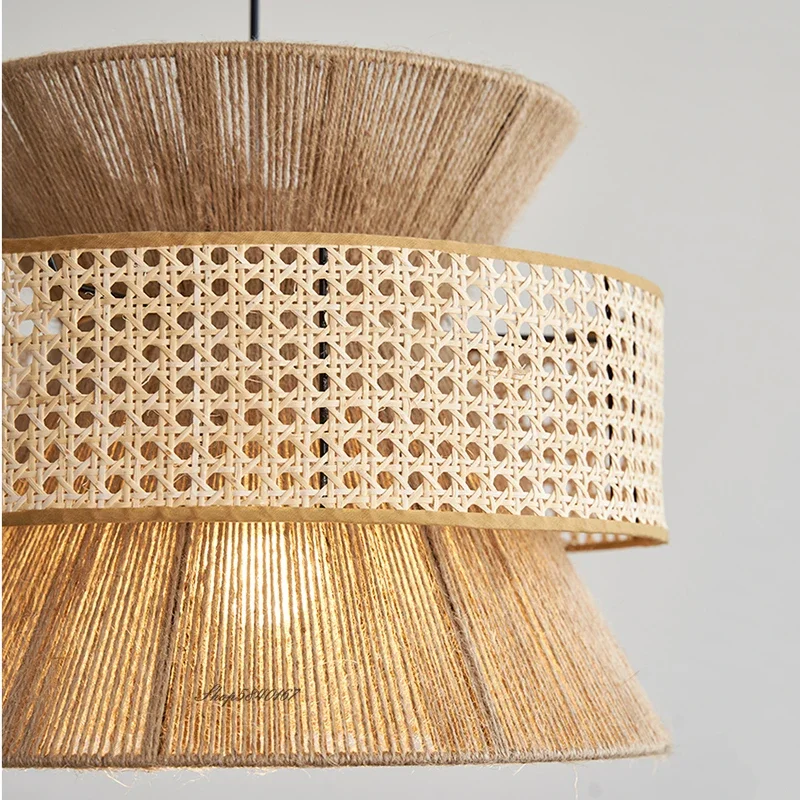 Handmade Hemp Rope Pendant Light Homestay Vintage Style Rattan Lamp Dining Room Hotel Coffee Chandeliers