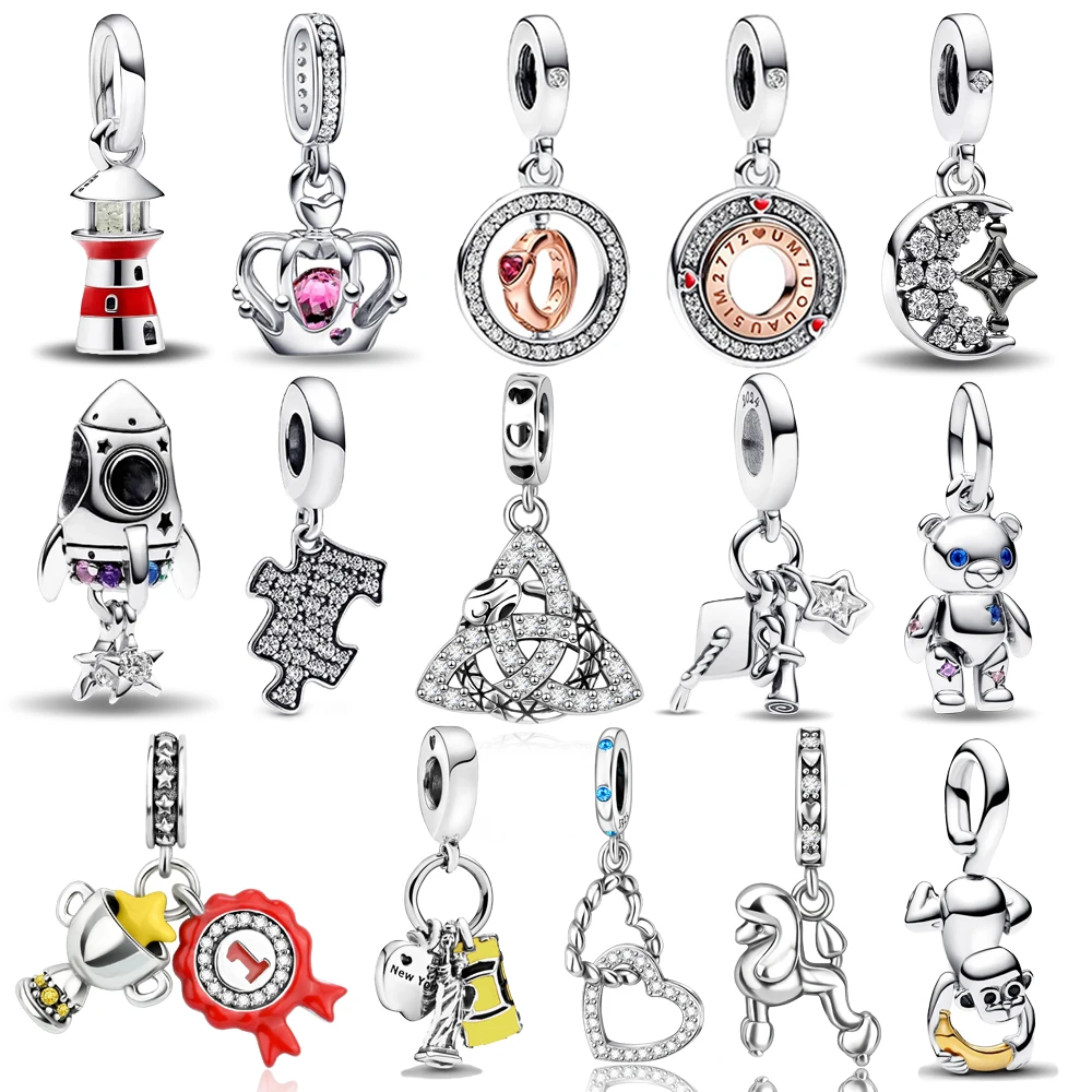 925 Sterling Silver Full Zirconium Puzzle&Luminous Lighthouse&Badge&Rocket Charm Fit Brand Bracelet Returning old Jewelry
