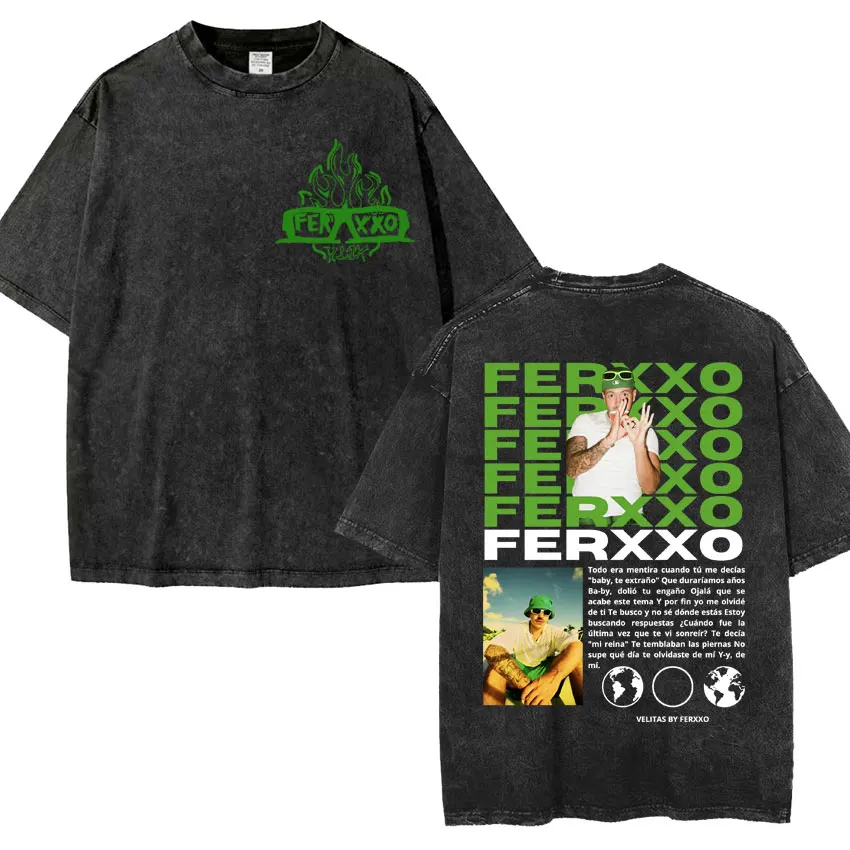 Feid Ferxxo World Tour 2024 Retro Washed T Shirt Men Women 90s Hip Hop Style Short Sleeve T-shirts Fashion Casual Oversized Tees