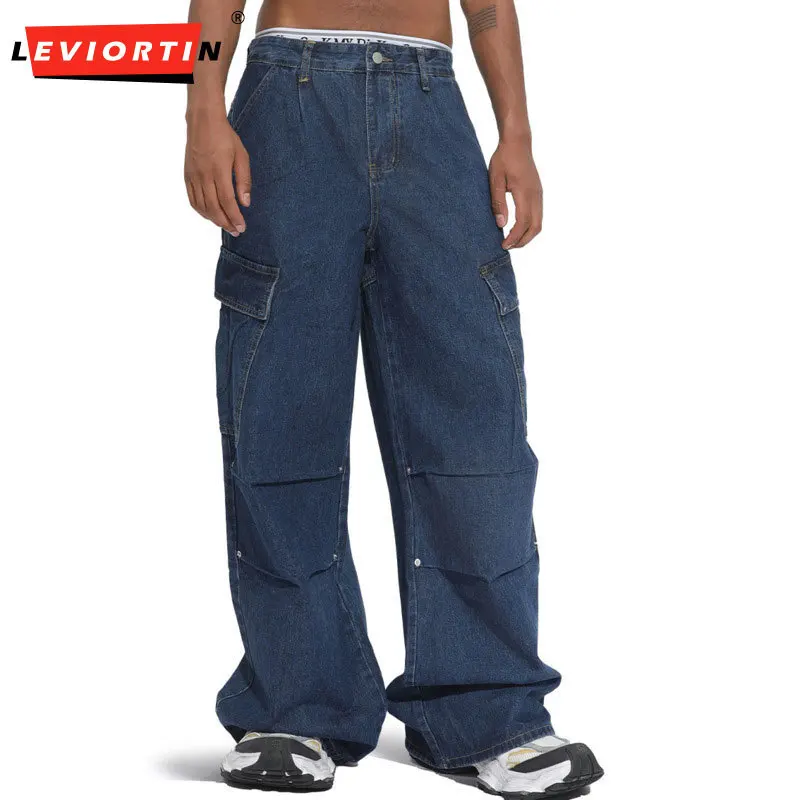 

American high street deconstruction three-dimensional multi pocket design straight leg wide leg workwear denim casual pants