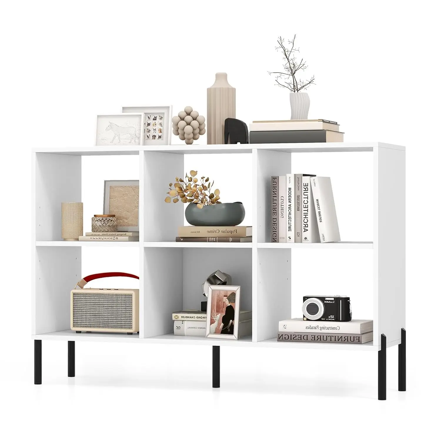 6 Cube Storage Organizer Bookshelf, 3-Tier Wood Open Bookcase With 5 Metal Legs, Adjustable Display Shelf &, Customized