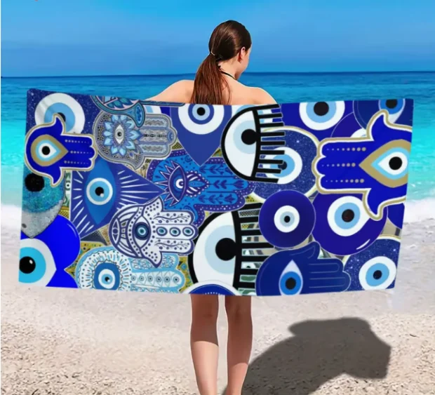 Evil Eye & Hamsa Print Beach Towel, Microfiber Large Sand Free Quick Dry, Bohemian Blue Design, Soft Absorbent