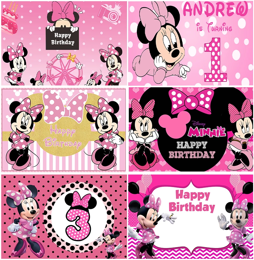 

Disney Pink Theme Minnie Backdrops Happy Birthday Girls Baby Shower Decor Customized Backgrounds Photozone Studio Banner Props